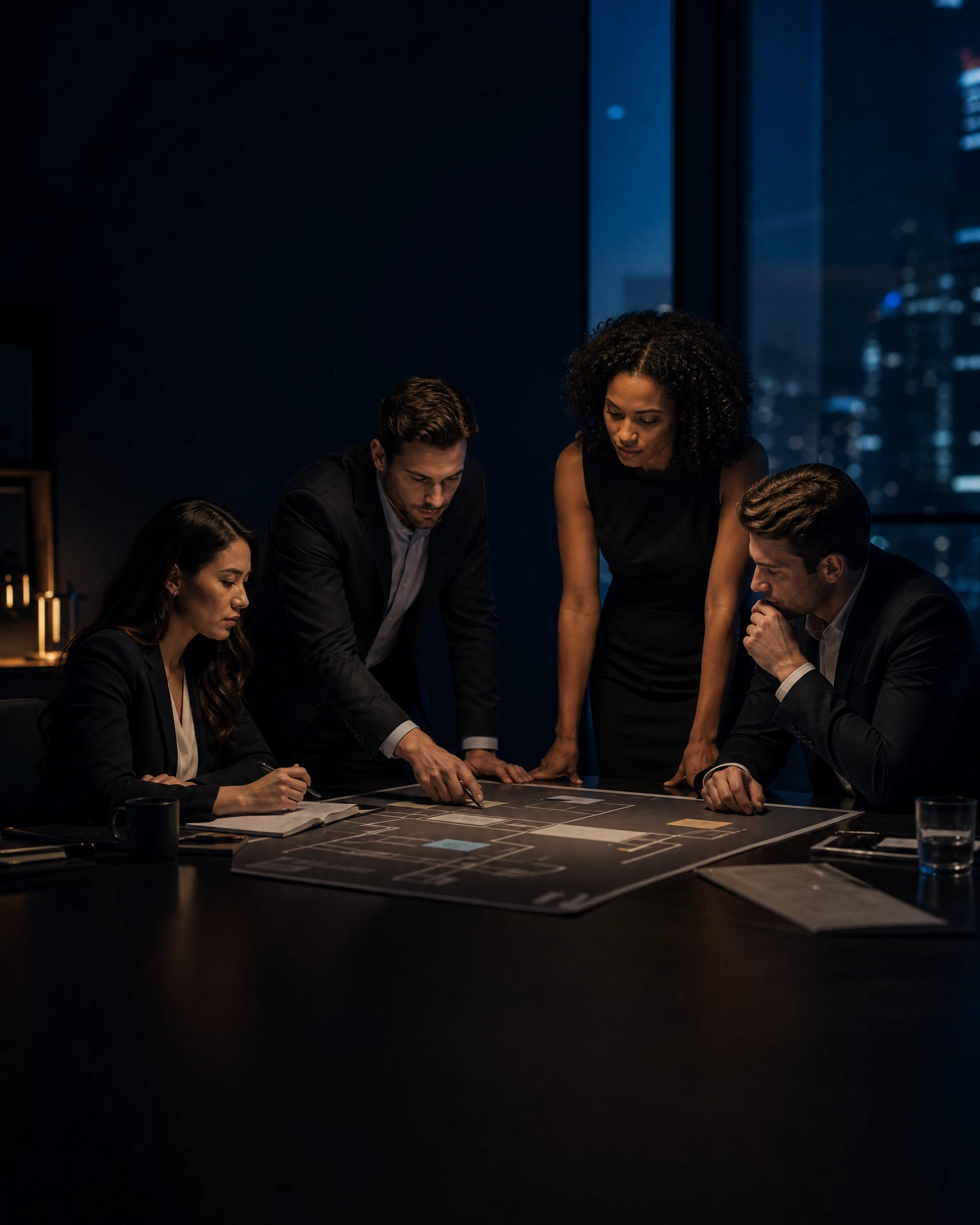 Business professionals collaborating around an operating plan in a strategy room