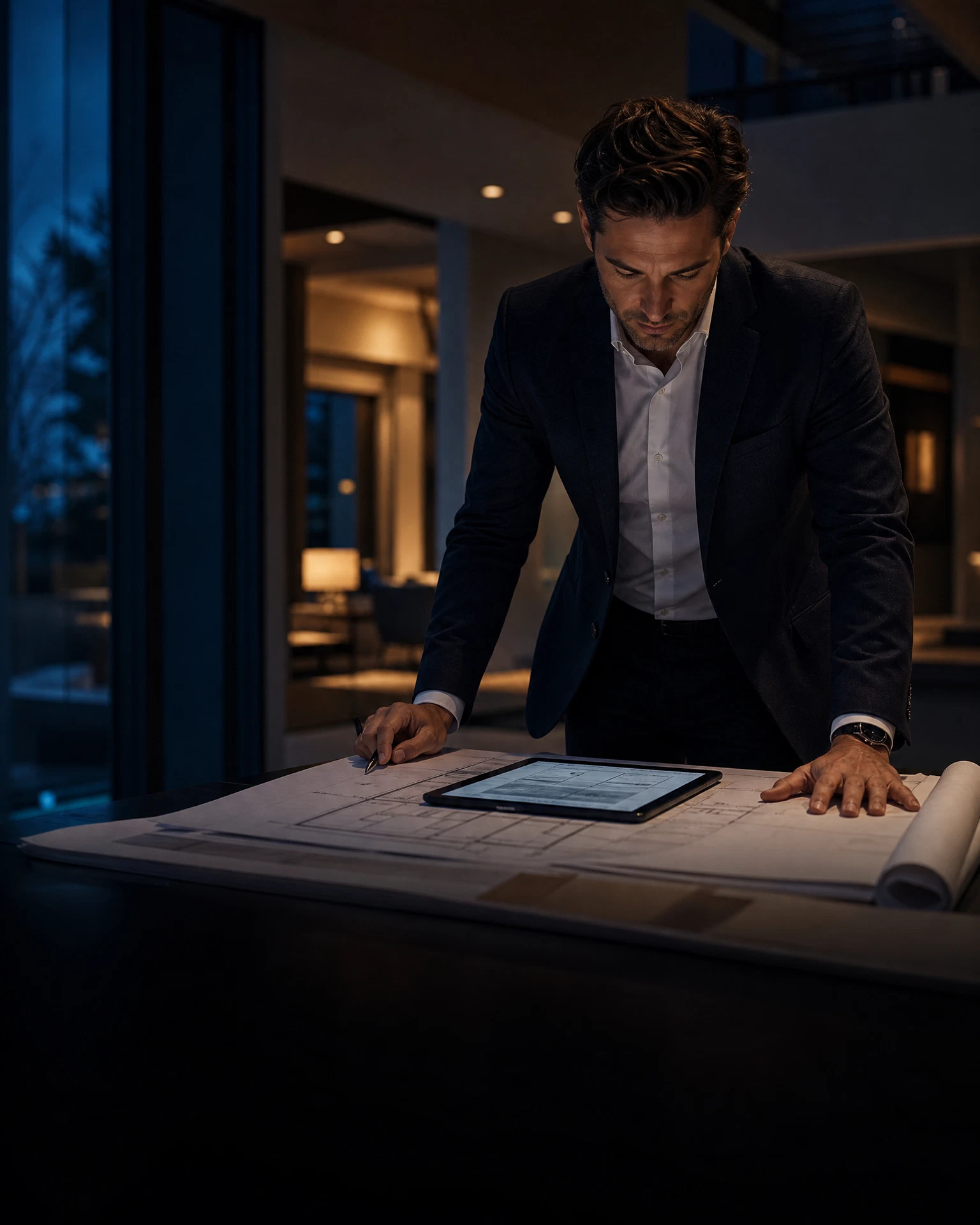 Real-estate professional preparing a listing strategy in a contemporary property